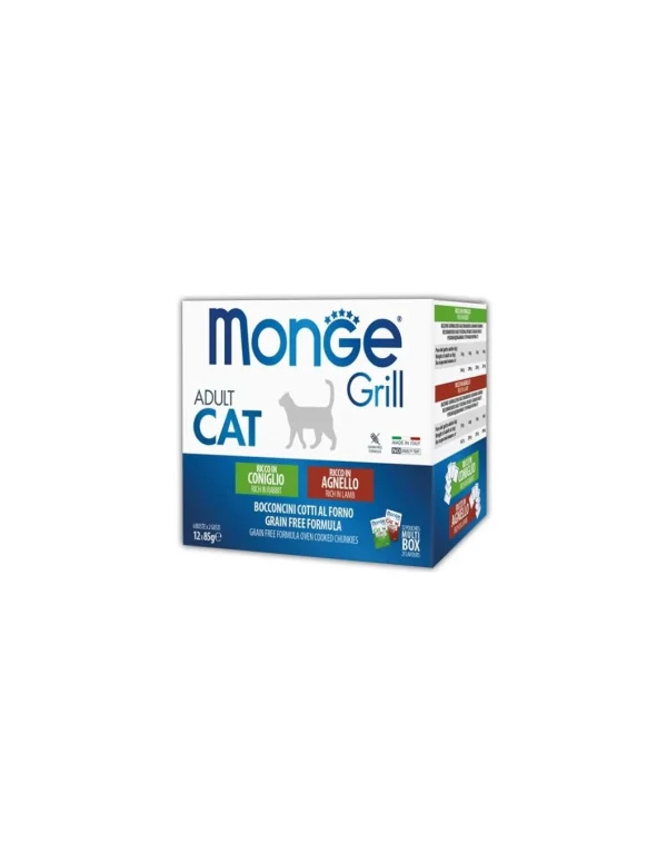 monge cat grill multipack 12 buste per 85gr bocconcini al forno coniglio e agnello
