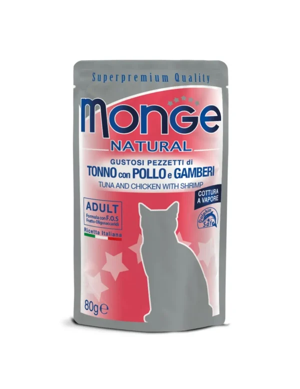 monge cat nat busta 80gr adult tonno con pollo e gamberi