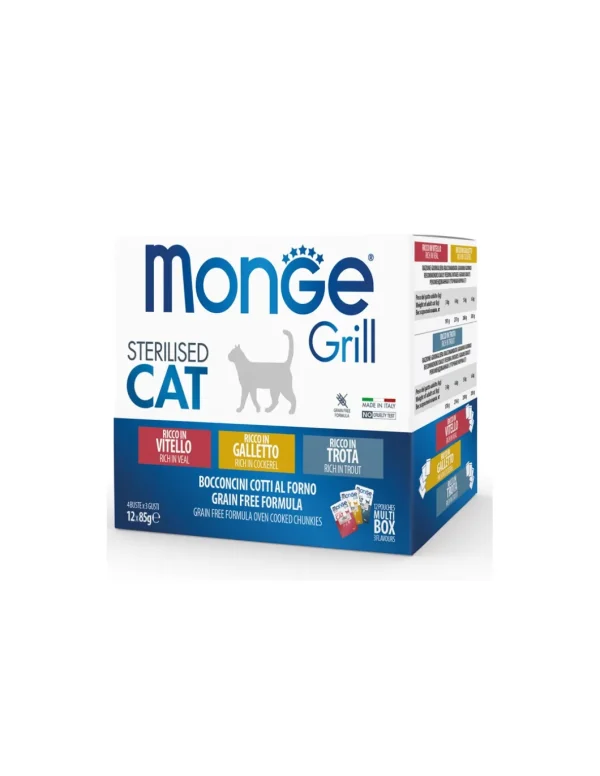 monge cat sterilised grill multipack 12 buste per 85gr bocconcini al forno vitello, galletto e trota