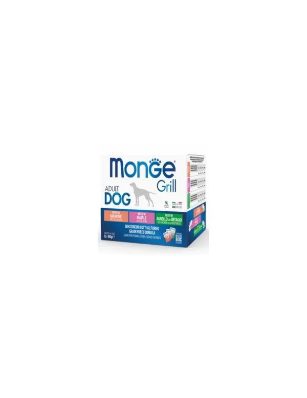 monge dog grill multibox 12 buste per 100gr bocconcini al forno con salmone, maiale, agnello con ortaggi
