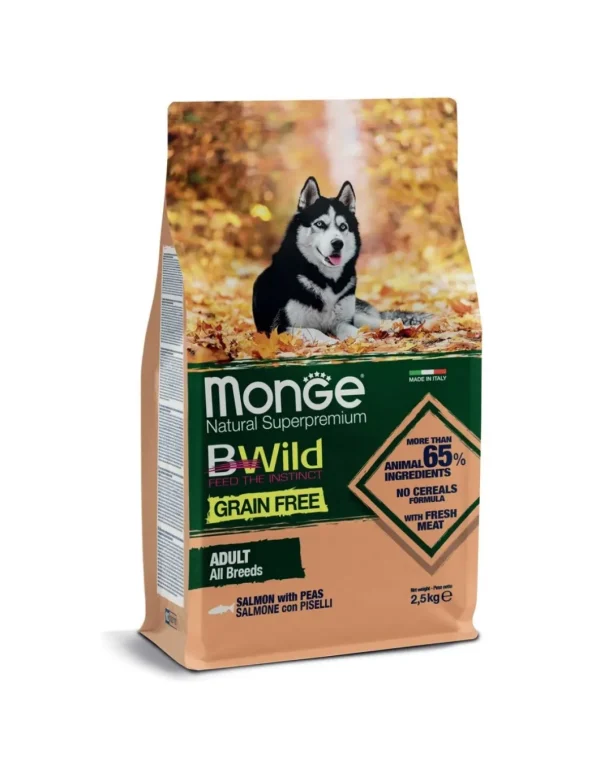monge dog 2,5kg bwild grain free adult all breeds salmone e piselli