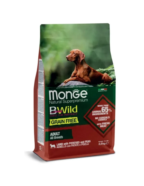 monge dog 2,5kg bwild grain free adult all breeds agnello patate piselli