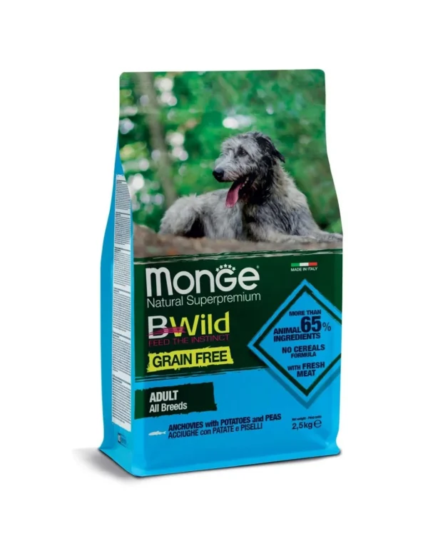 monge dog 2,5kg bwild grain free adult all breeds acciughe patate e piselli