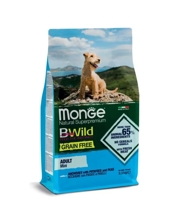 monge dog 2,5kg bwild grain free adult mini acciughe patate e piselli