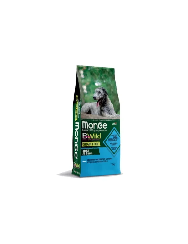 monge dog 12kg bwild grain free adult all breeds acciughe patate e piselli