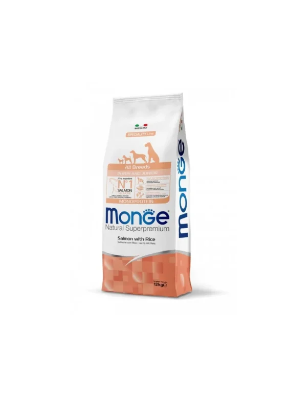 monge dog 12kg puppy&junior all breeds speciality line monoprotein salmone e riso