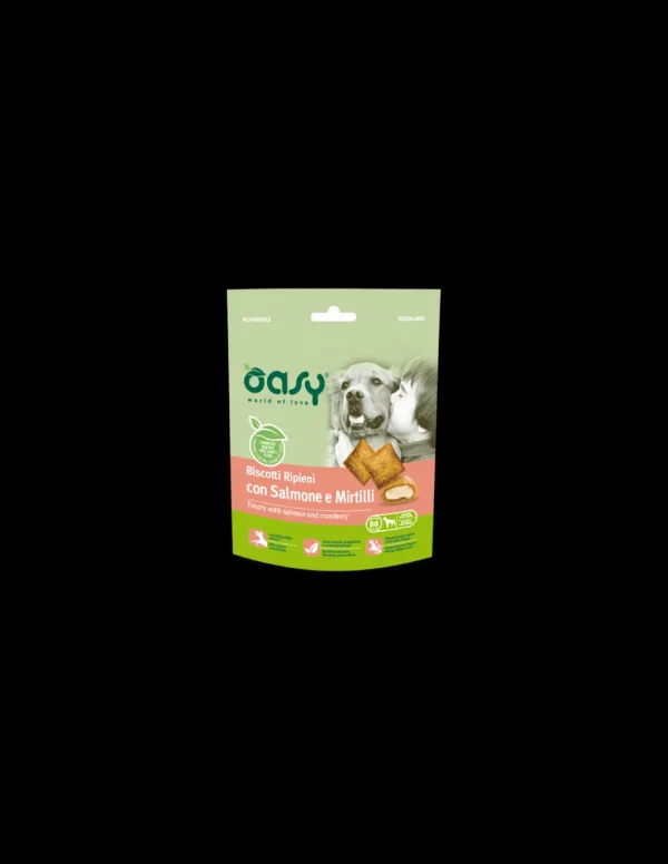 oasy snack dog biscotti ripieni con salmone e mirtilli 80gr