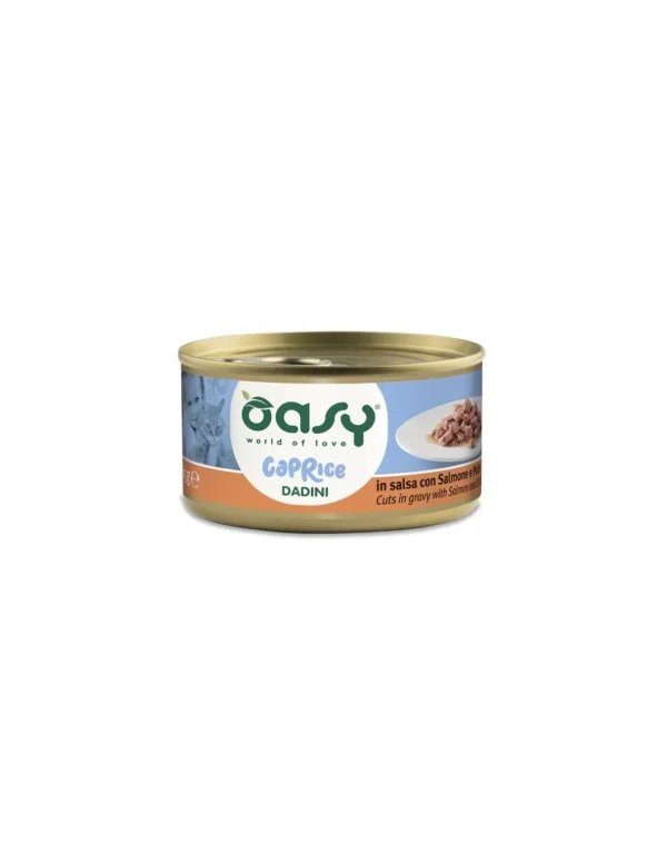 OASY WET CAT 85GR LATTINA CAPRICE DADINI IN SALSA CON SALMONE E POLLO