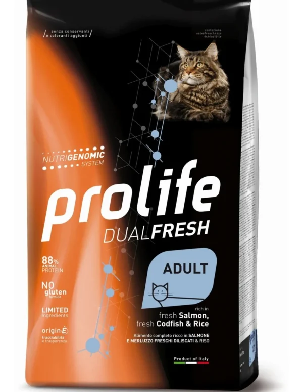 prolife cat dualfresh adult salmone, merluzzo diliscato e riso 400gr zpd.36130