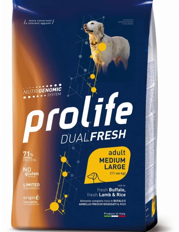 prolife dog dual fresh adult medium/large 12kg buffalo/lamb&rice zpd.34969
