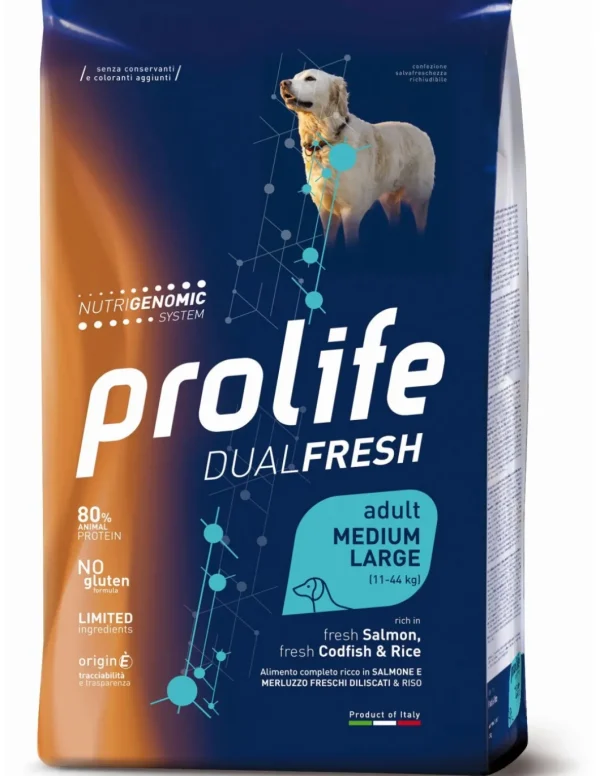 prolife dog dual fresh adult medium/large 12kg salmon/codfish&rice zpd.34914