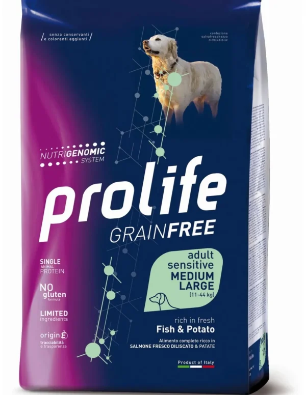 prolife dog grain free adult sensitive medium large 10kg fish&potato zpd.35461