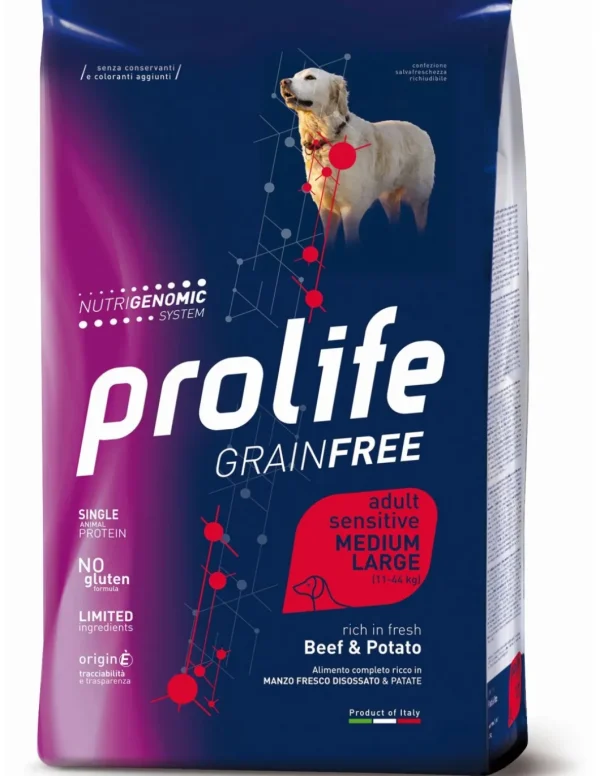 prolife dog grain free adult sensitive medium large 2,5kg beef&potato zpd.35409