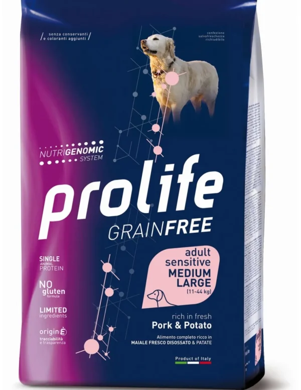 prolife dog grain free adult sensitive medium large 10kg pork&potato zpd.35362