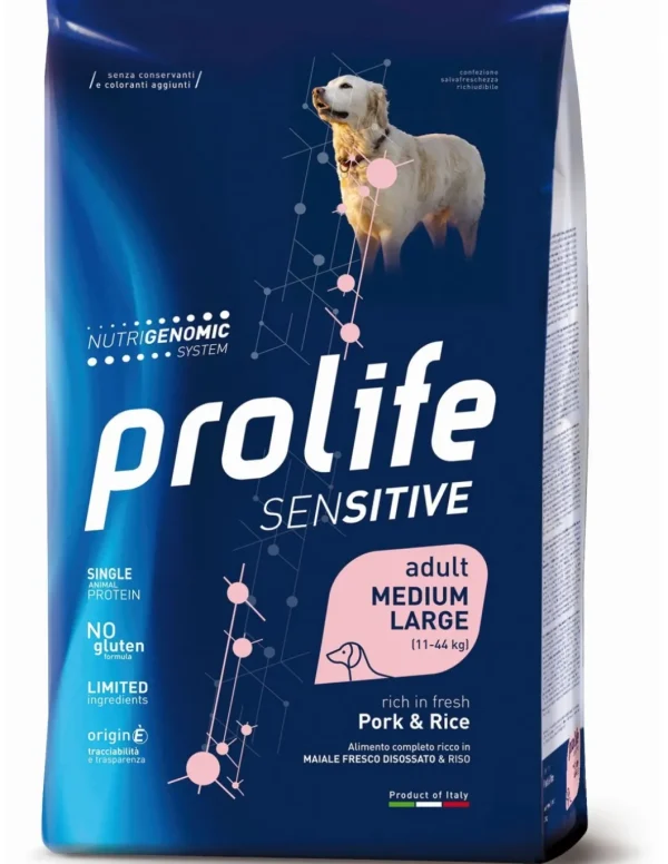 prolife dog sensitive adult medium large 10kg pork&rice zpd.35263