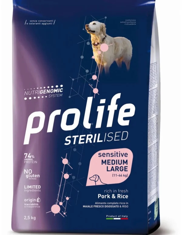 prolife dog sterilised sensitive adult medium/large 12kg pork&rice zpd.35010
