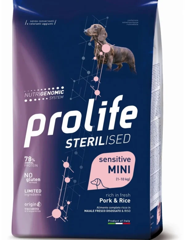 prolife dog sterilised sensitive adult mini 2kg pork&rice zpd.34983