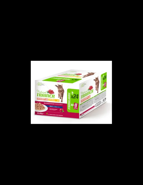 trainer natural cat adult multipack 24x85gr salmone e pollo 18+6 gratis