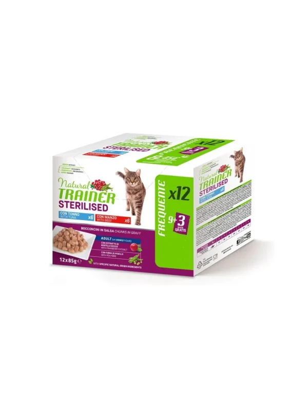 trainer natural cat adult sterilised multipack 9+3 gratis 12x85gr tonno e manzo