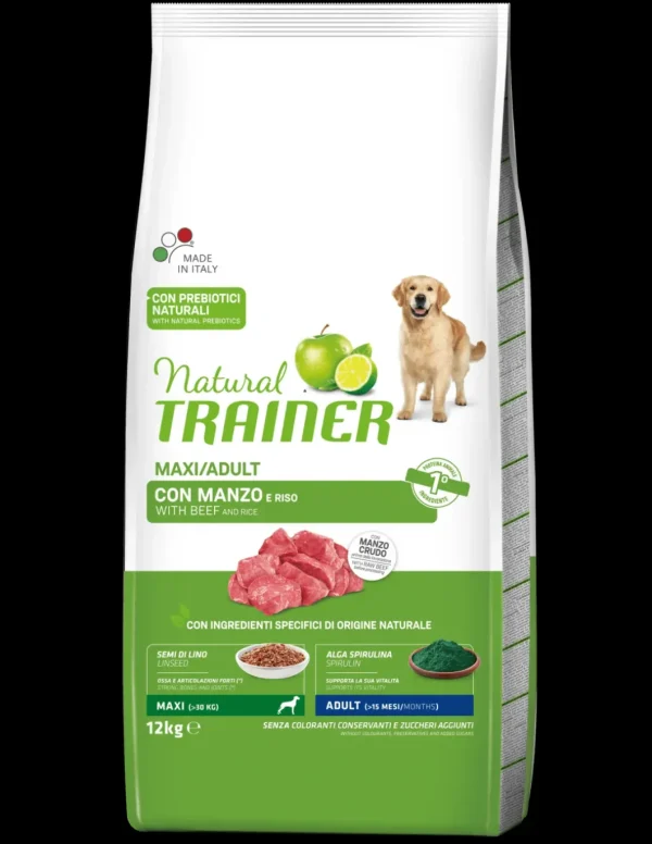 trainer natural dog 12kg adult maxi manzo, riso e ginseng