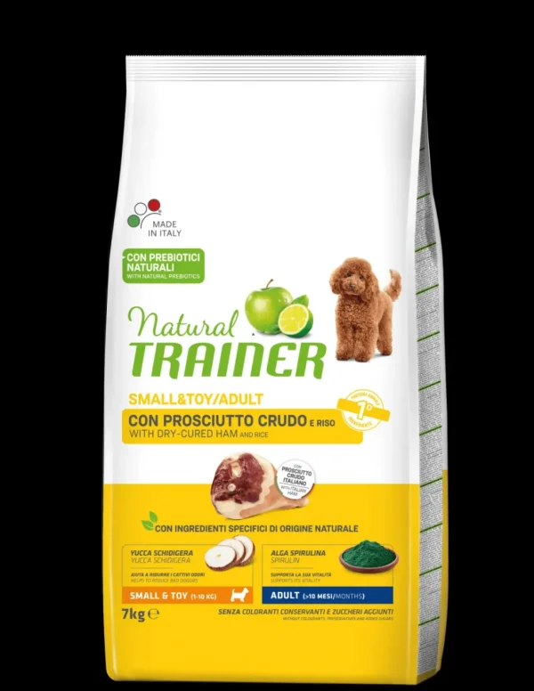 trainer natural dog 7kg adult small&toy prosciutto crudo e riso
