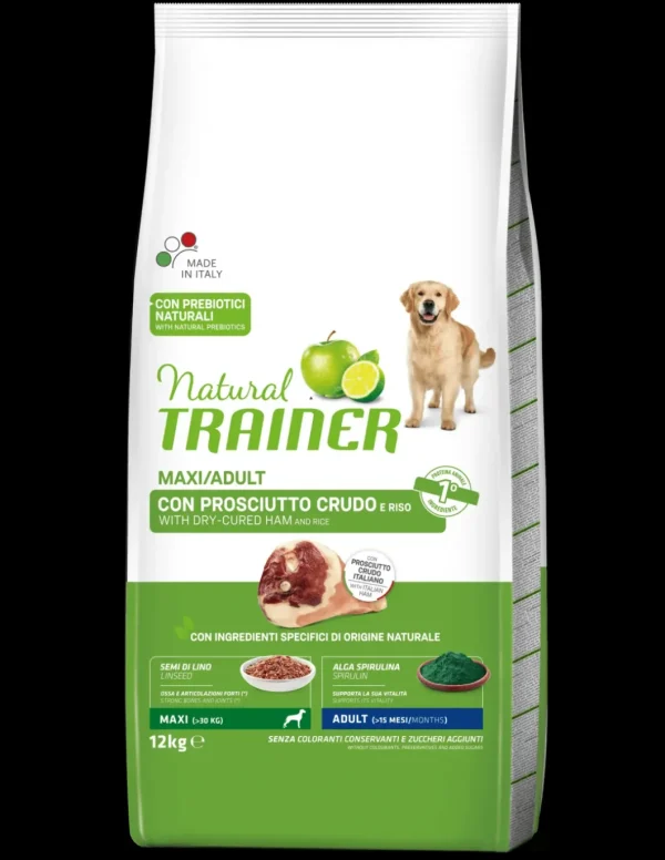 trainer natural dog 12kg adult maxi prosciutto crudo e riso