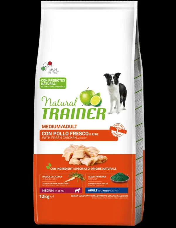 trainer natural dog 12kg adult medium pollo, riso e aloe