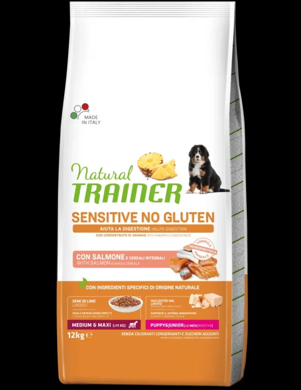 trainer natural sensitive dog puppy&junior 12kg med/maxi salmone e cereali