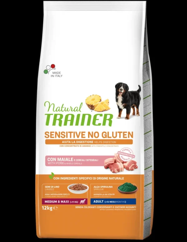 trainer natural sensitive dog 12kg adult med/maxi maiale e cereali