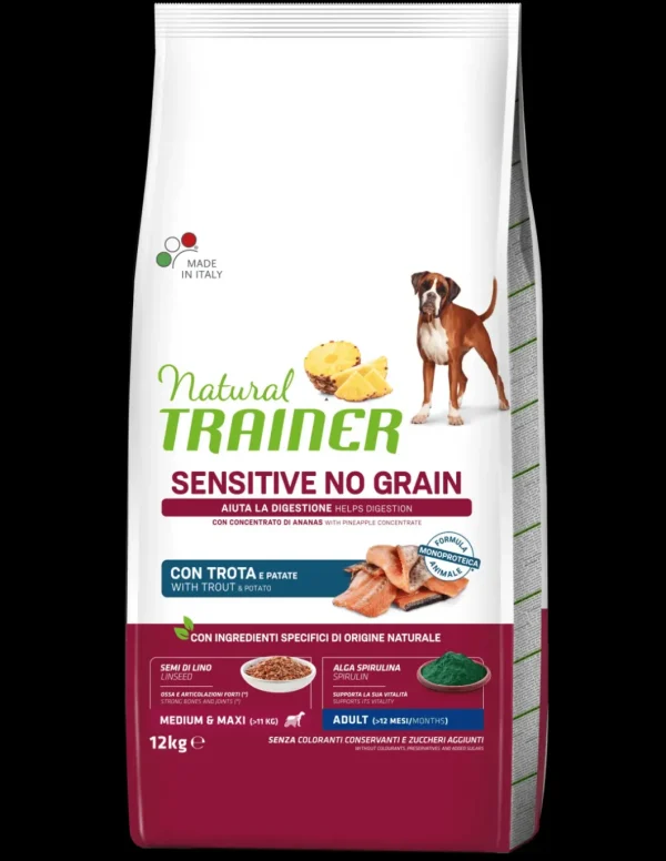 trainer natural sensitive no grain dog 12kg adult med/maxi trota e patate