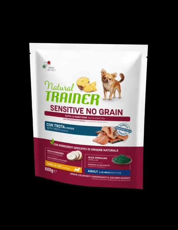 trainer natural sensitive no grain dog 800gr small&toy ad con trota e patate