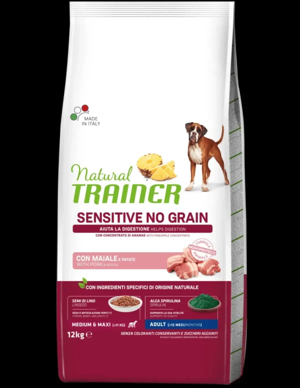 trainer natural sensitive no grain dog 12kg adult med/maxi maiale e patate