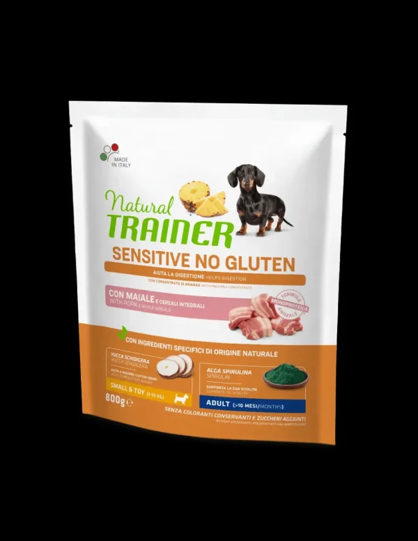 trainer natural sensitive no gluten dog 800gr small&toy ad con maiale e cereali integrali