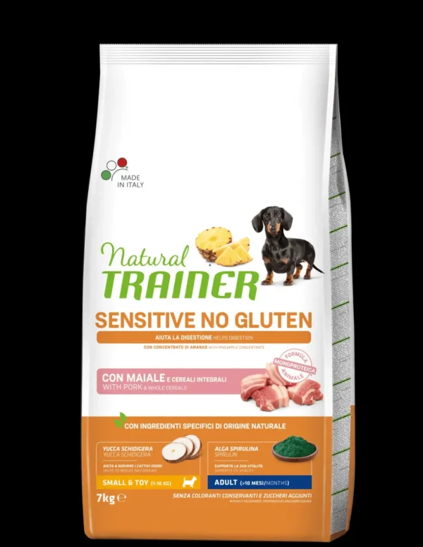 trainer natural sensitive dog 7kg adult mini maiale e cereali integrali